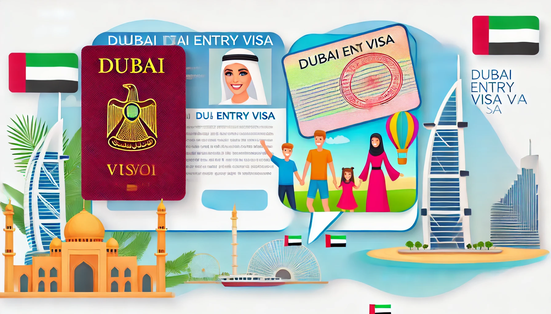 a passport with a Dubai visa stamp, a happy tourist family, and iconic Dubai landmarks like the Burj Khalifa and the Palm Jumeirah