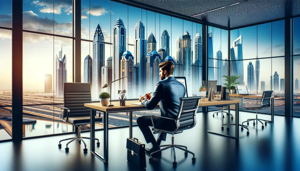 a businessman in a suit working at a desk, a stylish conference room, and high-tech office amenities