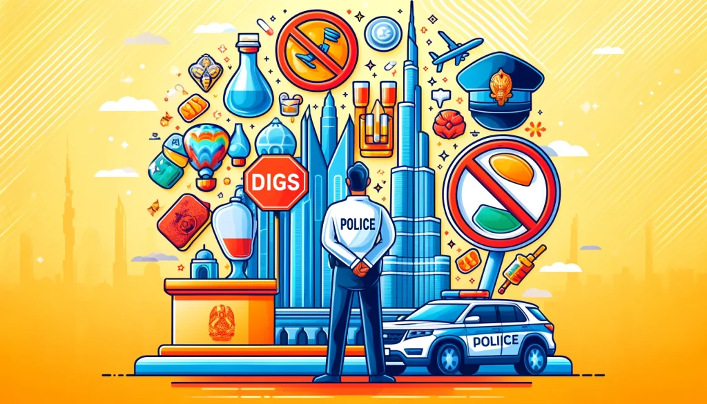 elements like 'No Drugs' and 'No Alcohol' signs, a police officer, and Dubai's iconic skyline in the background.