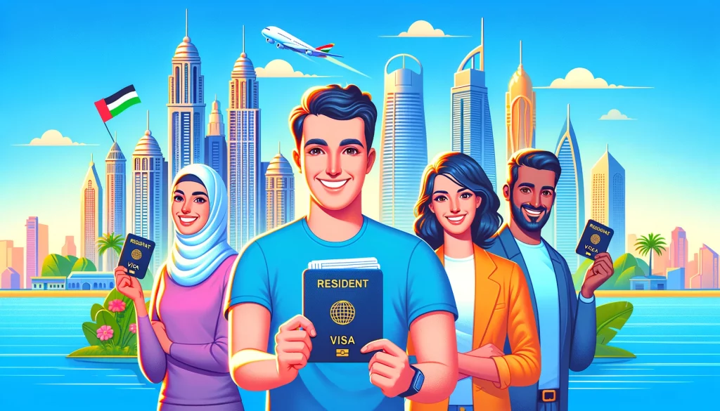 happy people holding their resident visas with the iconic Dubai skyline in the background.