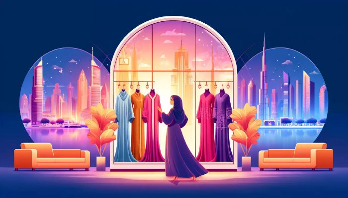 a woman admiring the abayas, and the iconic Dubai skyline visible through the shop window.