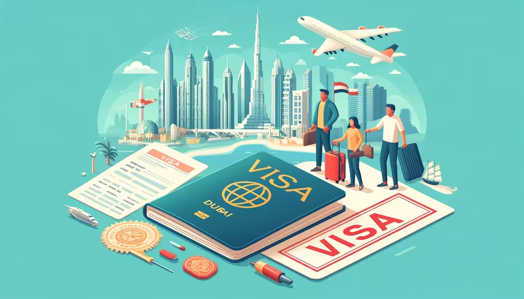 A visa document with the Dubai skyline and Burj Khalifa behind it