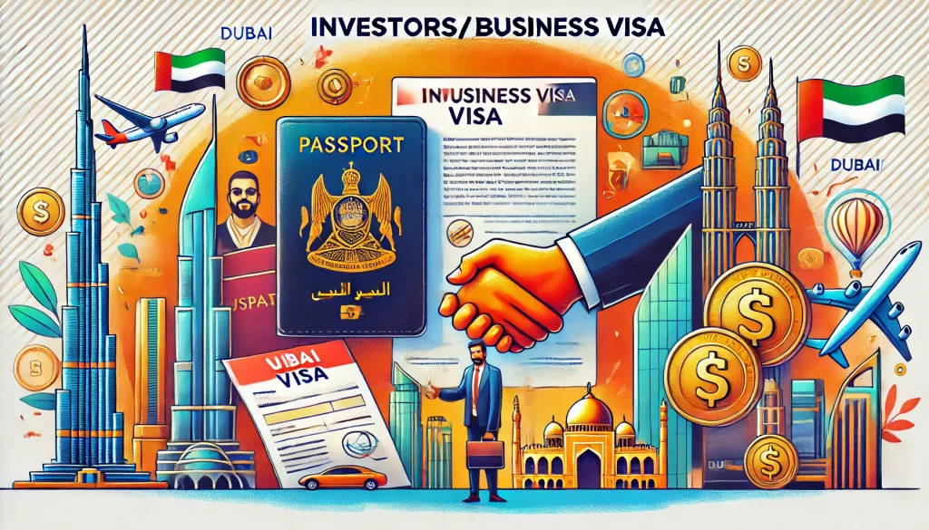 elements such as a passport with a Dubai visa stamp, a businessperson shaking hands, a document with investment details, and iconic Dubai landmarks like the Burj Khalifa.