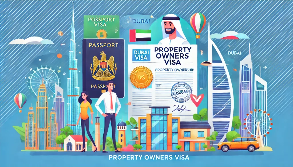passport with a Dubai visa stamp, a property ownership document, and a happy property owner standing in front of a modern Dubai property.