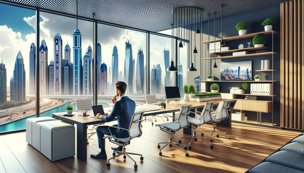 a modern, stylish office with a view of Dubai's iconic skyline, including elements like a professional businessman working.