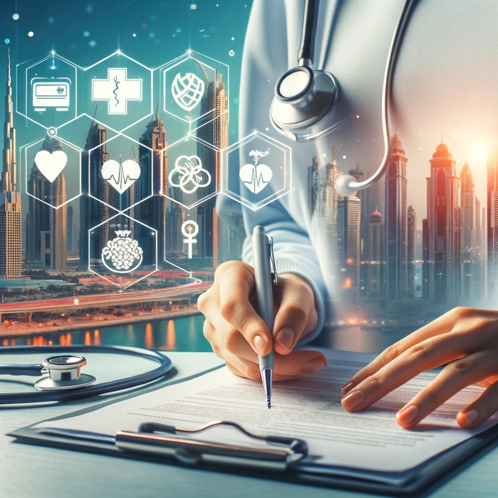 a doctor writing a document to take out health insurance in Dubai