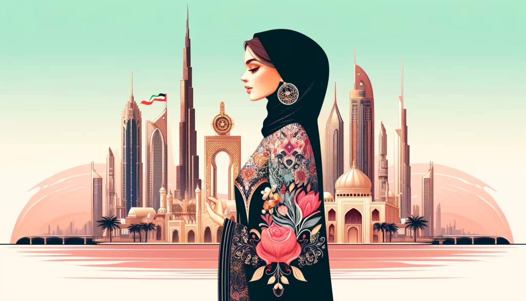a woman wearing a beautifully designed abaya with Dubai's iconic skyline in the background.