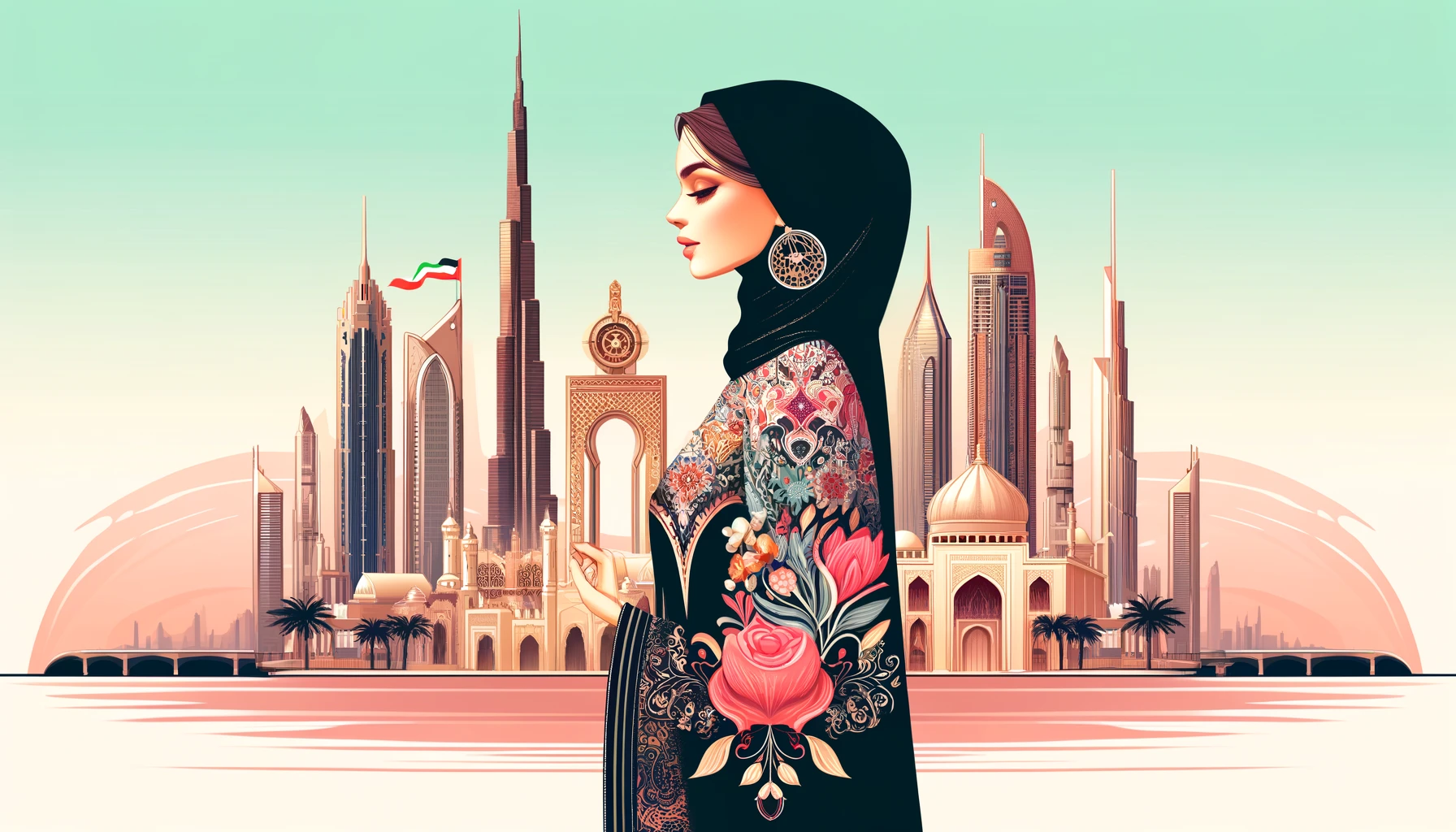 a woman wearing a beautifully designed abaya with Dubai's iconic skyline in the background