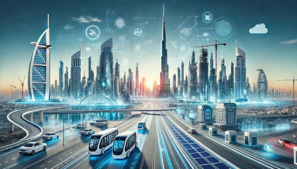 Stylised illustration of a futuristic Dubai skyline with cranes, highways and shuttle buses