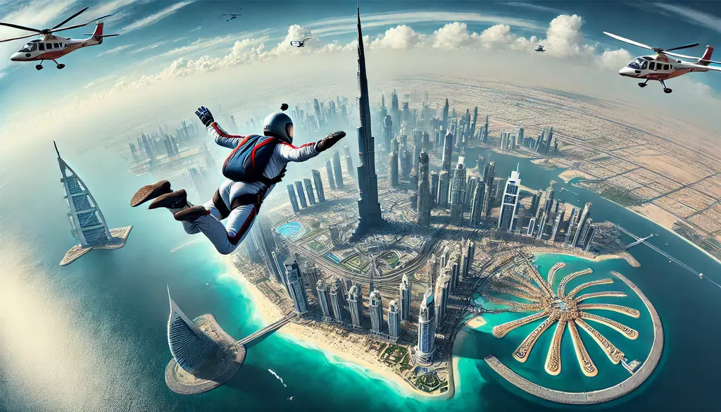 A skydiver in freefall above the Dubai coastline
