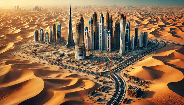 cranes and workers building skyscrapers in Dubai against a backdrop of desert dunes