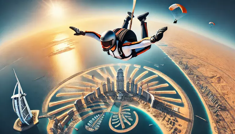 a skydiver soaring above Palm Jumeirah with the Dubai coastline below