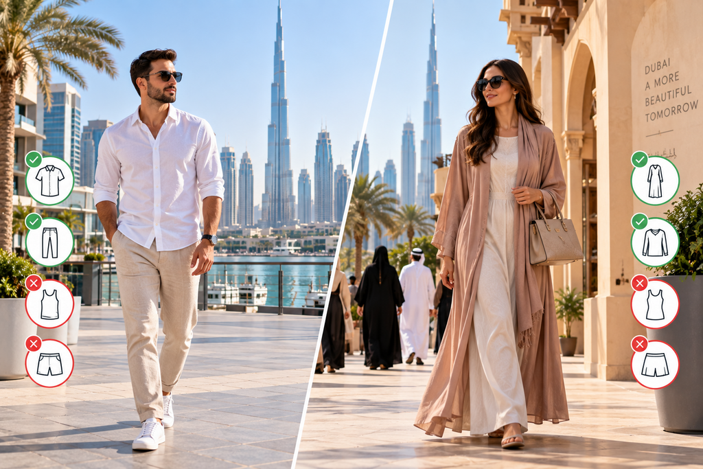 A split image showing a man in a white shirt and chinos and a woman in a cream open abaya walking in Dubai, with tick and cross icons beside each
