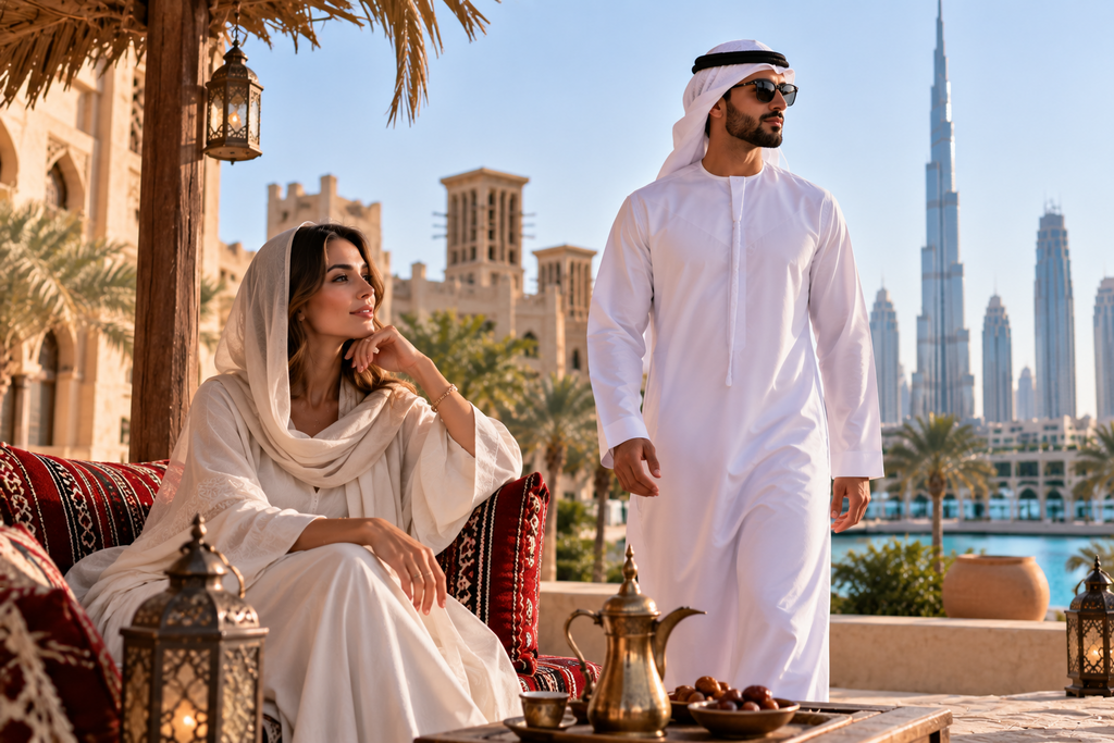 An Emirati couple in traditional dress, the man in a white kandura and ghutra, the woman in a white abaya and shayla, seated at Madinat Jumeirah