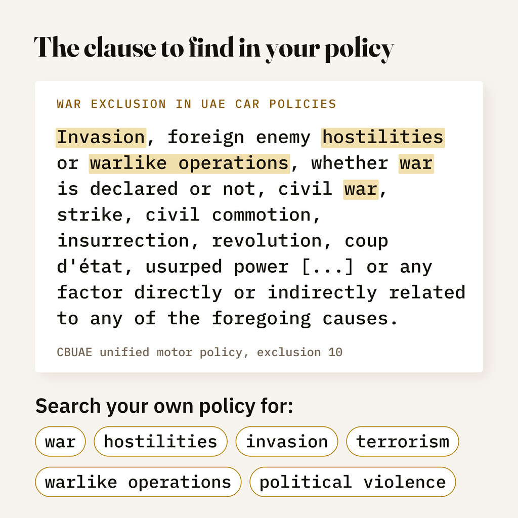 War exclusion 10 of the UAE unified motor policy, key words highlighted, above a list of words to search for