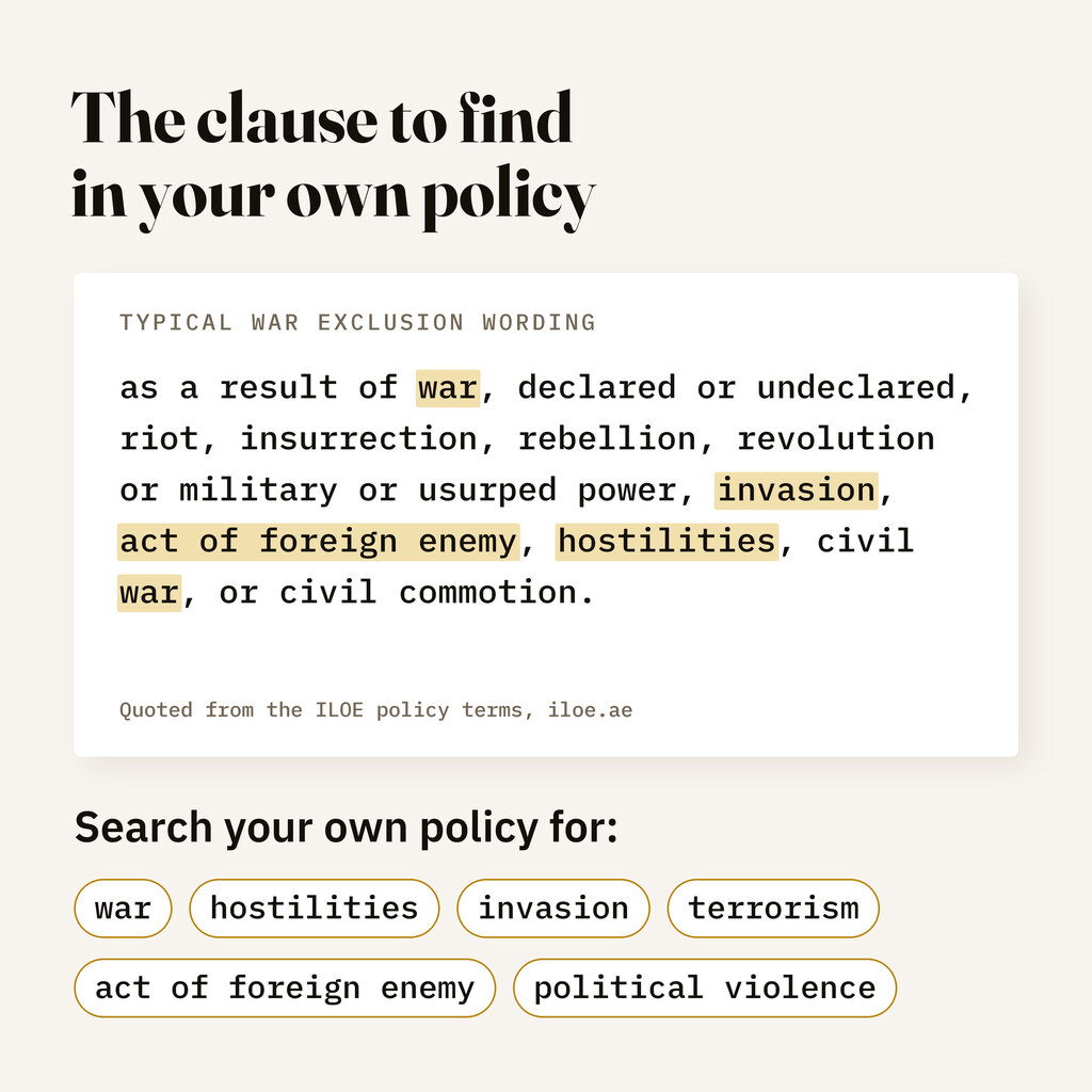 A policy page with war exclusion wording, the words war, invasion, act of foreign enemy and hostilities highlighted, above a list of terms to search for in your own policy